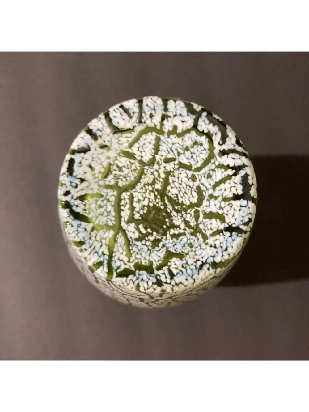 Hand Blown Green With White Crackle Overlay Vase